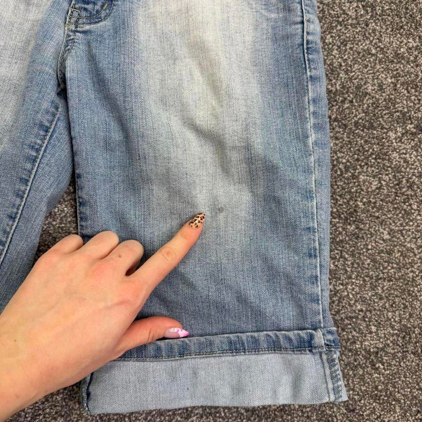 Y2K vintage low rise capri jeans denim don’t touch slogan faded turned up hem