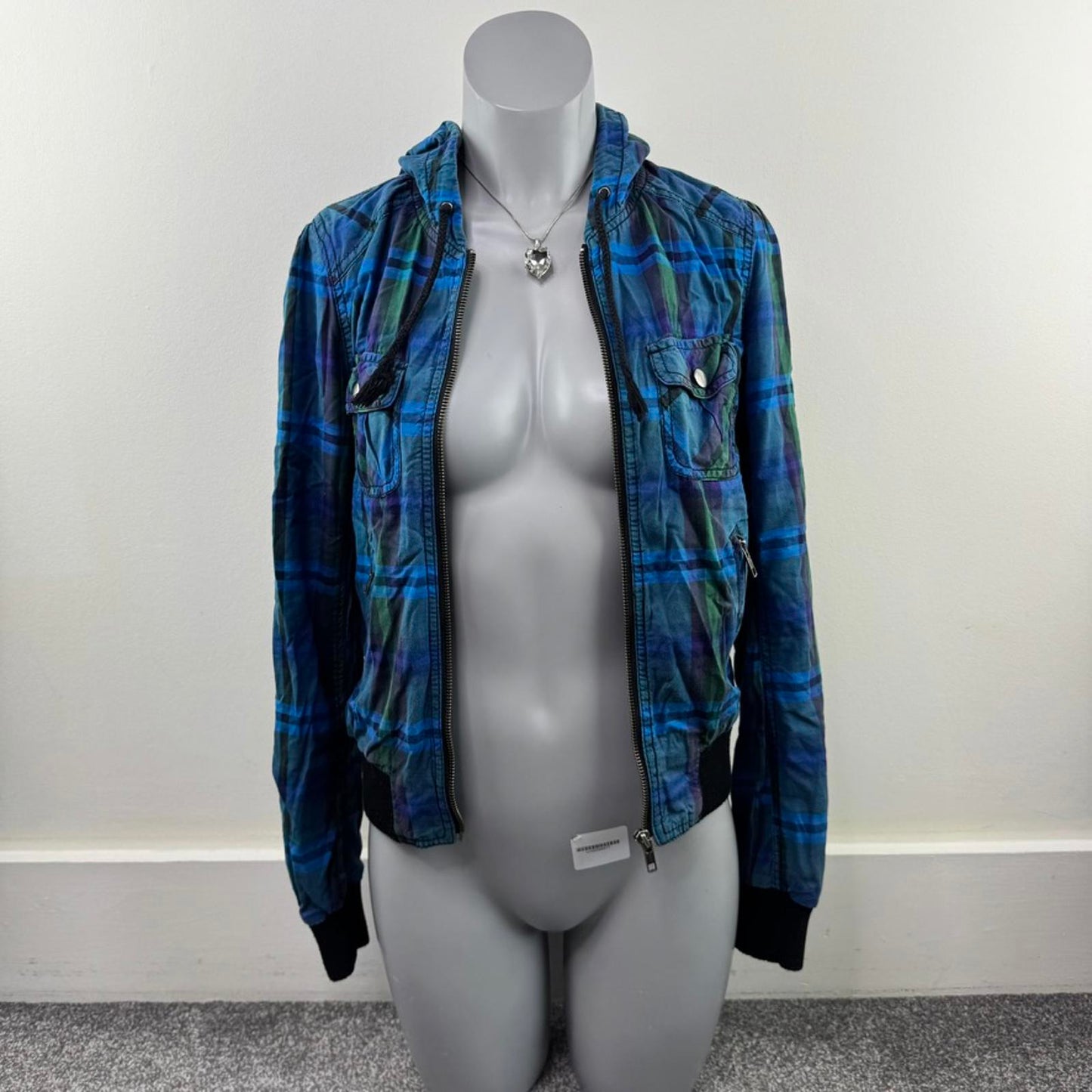 Y2K vintage tartan check zip up bomber jacket lightweight with hood plaid blue