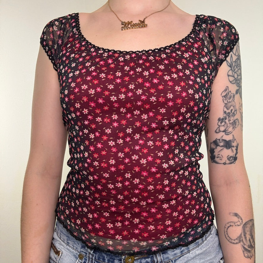 Y2K vintage milkmaid top mesh ditsy floral cap sleeve fitted