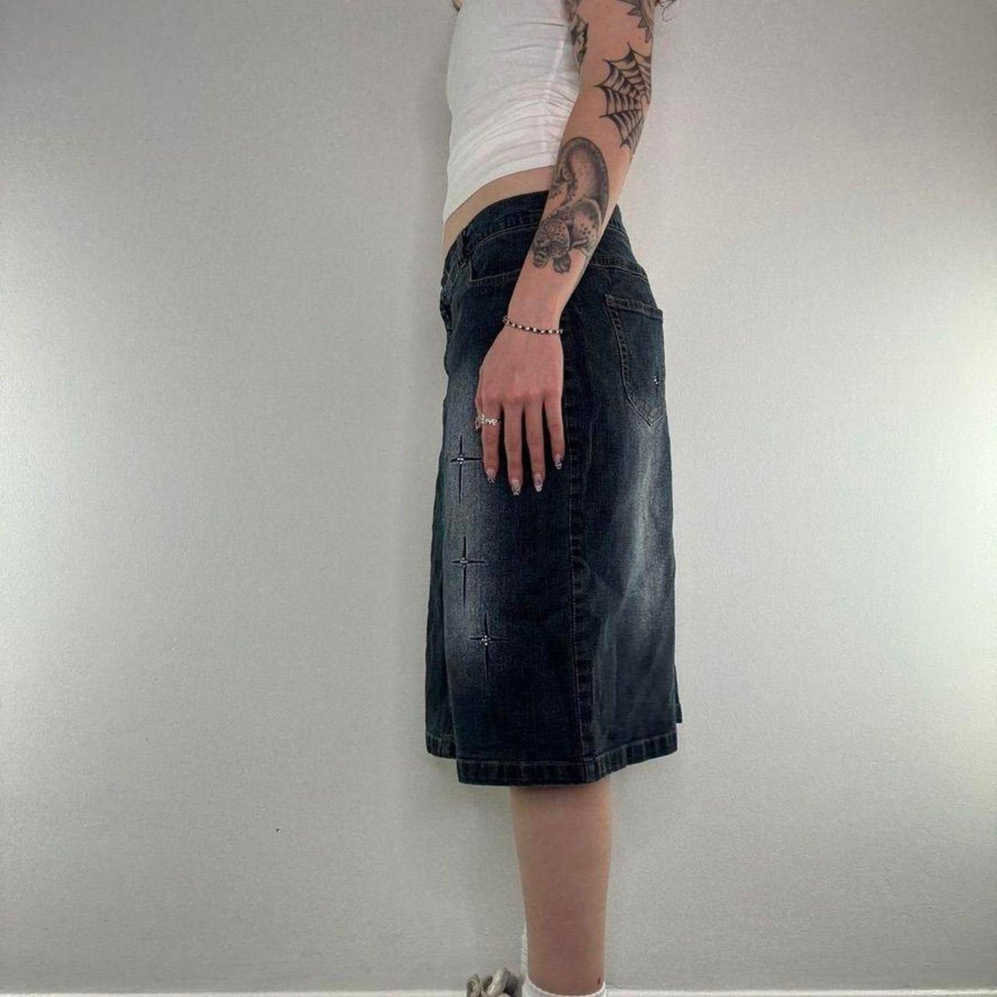 Y2K vintage sparkle embroidered rhinestone faded dark blue denim midi skirt