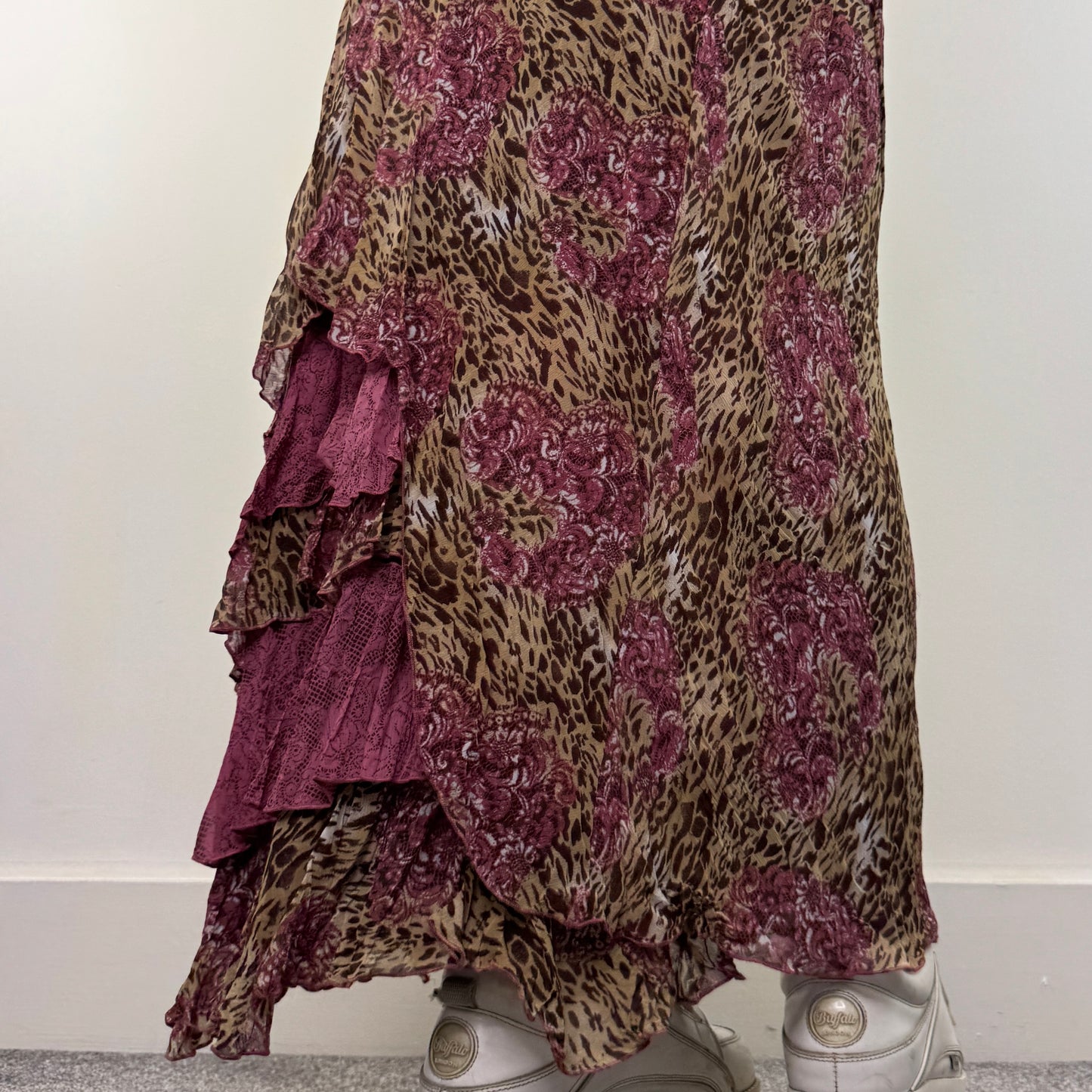Y2K vintage leopard print frilly maxi skirt