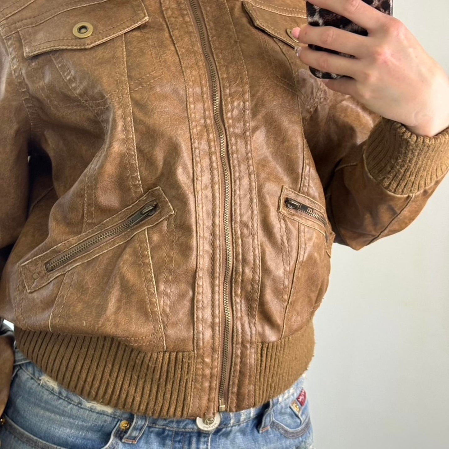 Y2K vintage faux leather bomber zip up jacket short slight crop utility archive