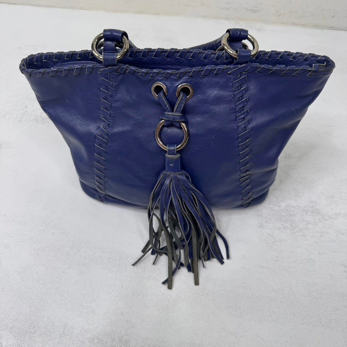 Y2K vintage genuine leather mini handbag with shoulder strap fringe woven purple
