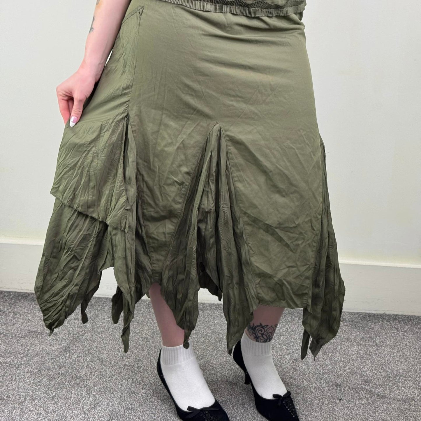 Y2K vintage maxi skirt asymmetrical ruffle khaki fairy whimsigoth layered