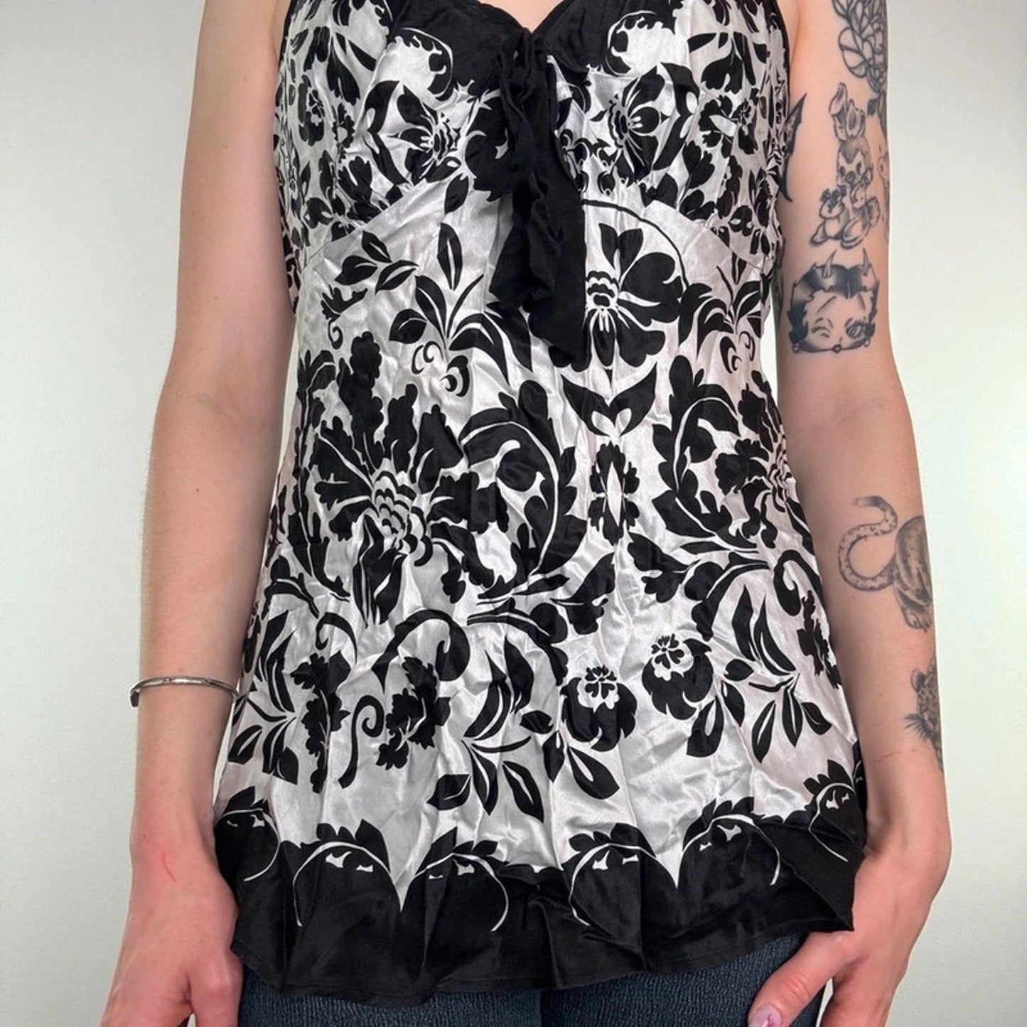 Y2K vintage 100% silk floral cami top filigree bow bust black silver flowy