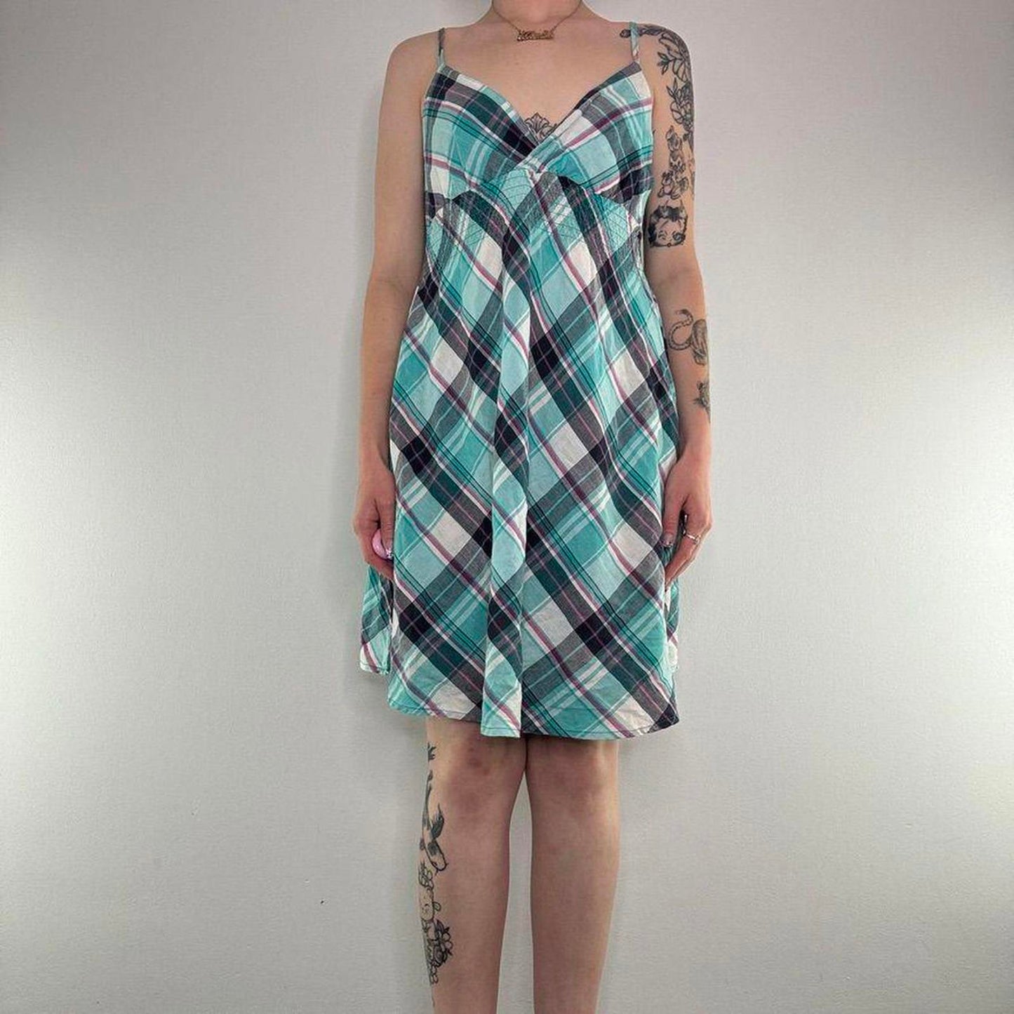 Y2K vintage floaty tartan summer midi dress a line strappy v neck archive preppy