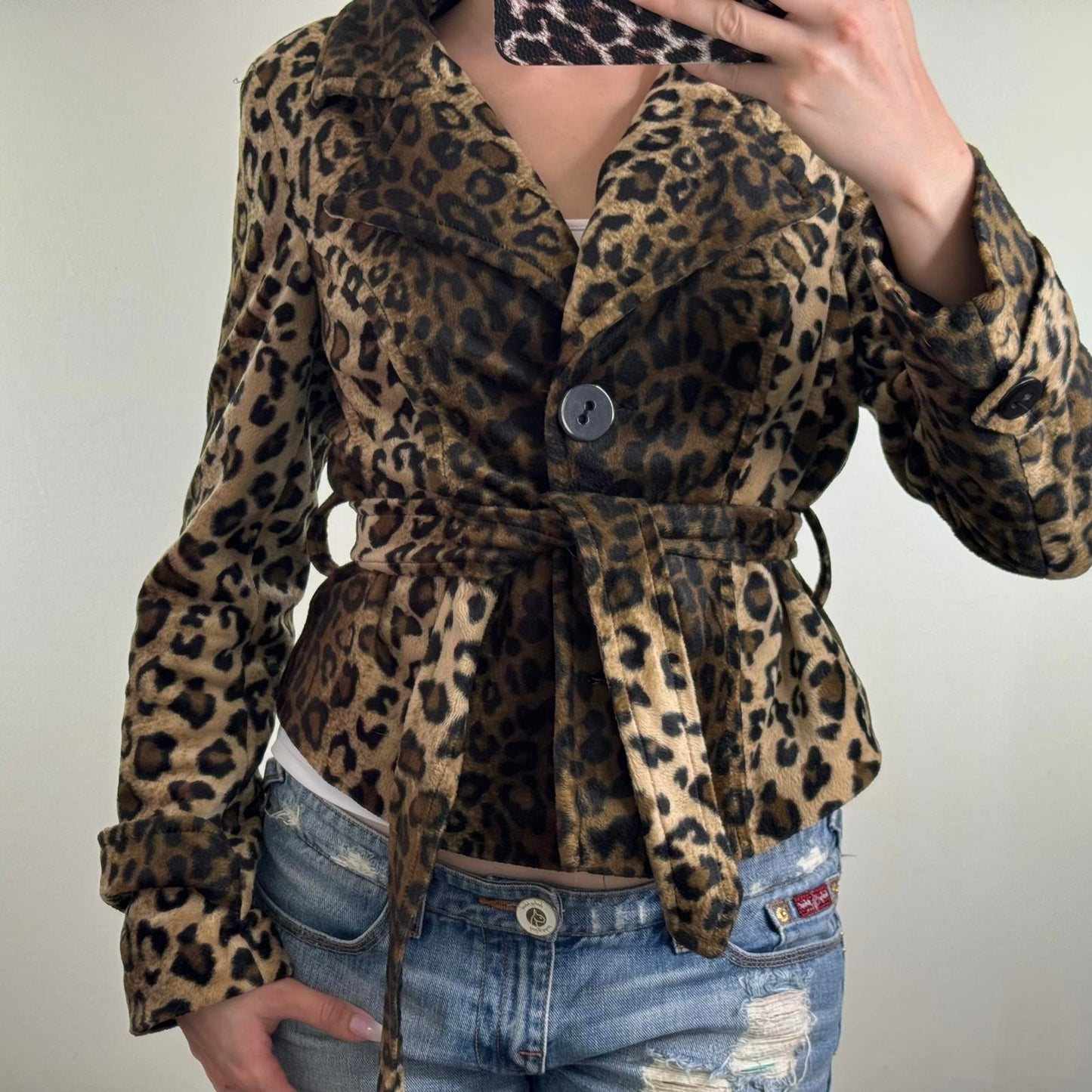 Y2K vintage fuzzy leopard print short jacket with belt flattering lightweight