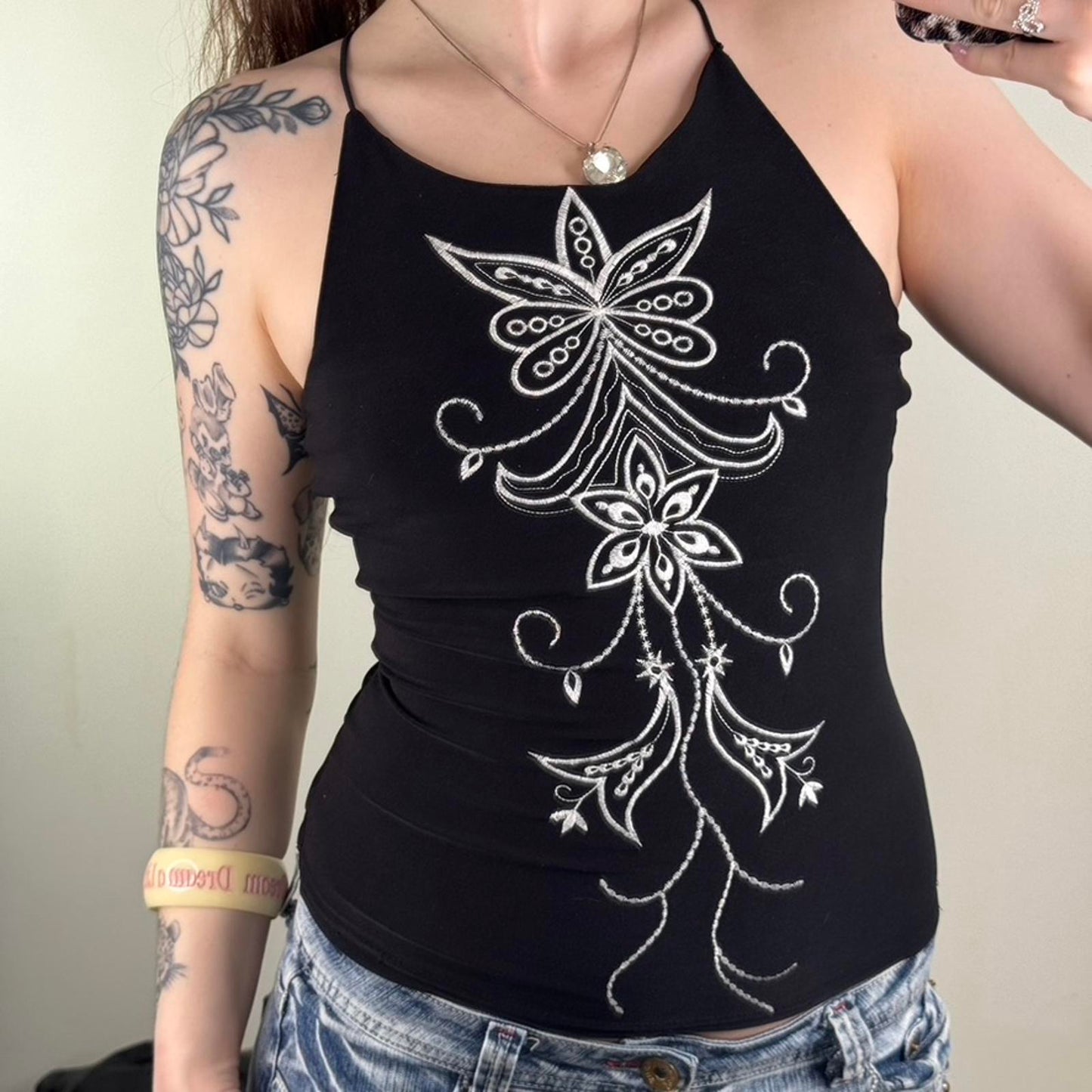 Y2K vintage slinky tank top high neck strappy floral embroidery pattern