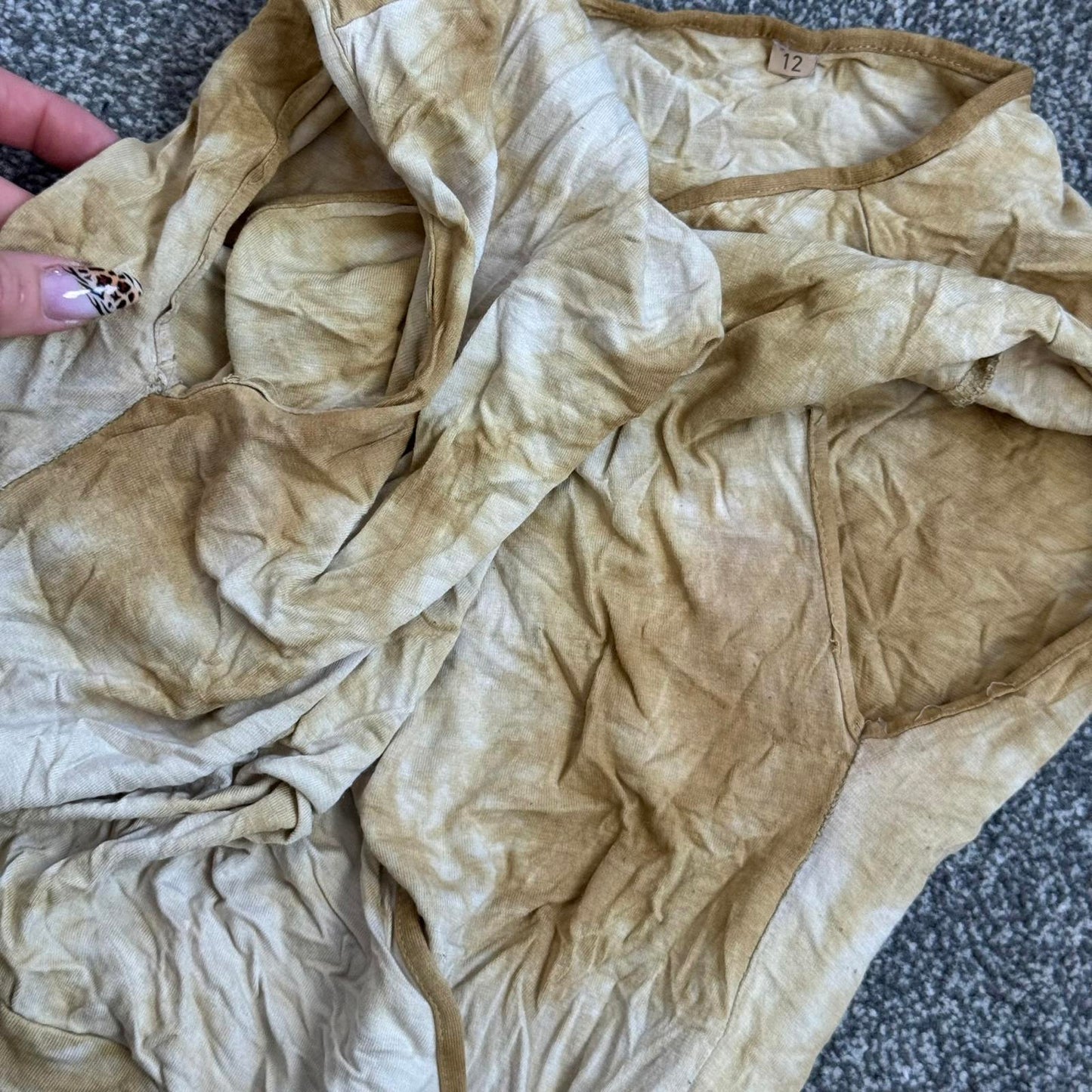 Y2K vintage tie dye ombre wrap style top ruched v neck short sleeve beige brown