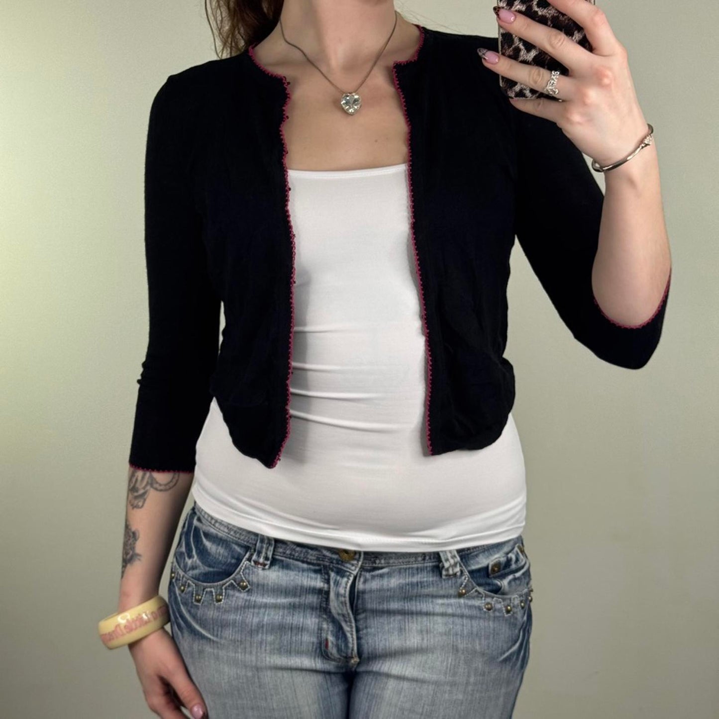 Y2K vintage cardigan 3/4 sleeve hook eye cropped high neck black pink stretchy