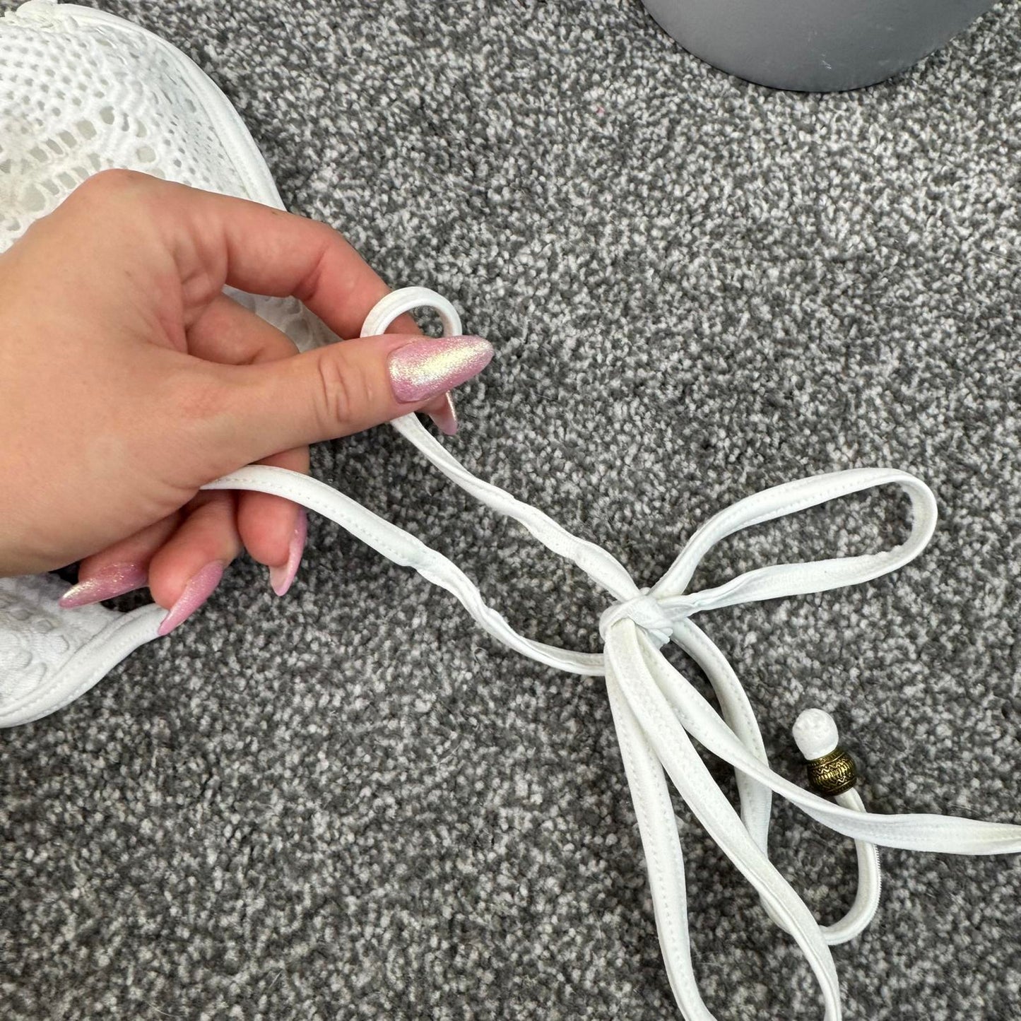 Y2K vintage white crochet beaded halter neck bikini top no padding