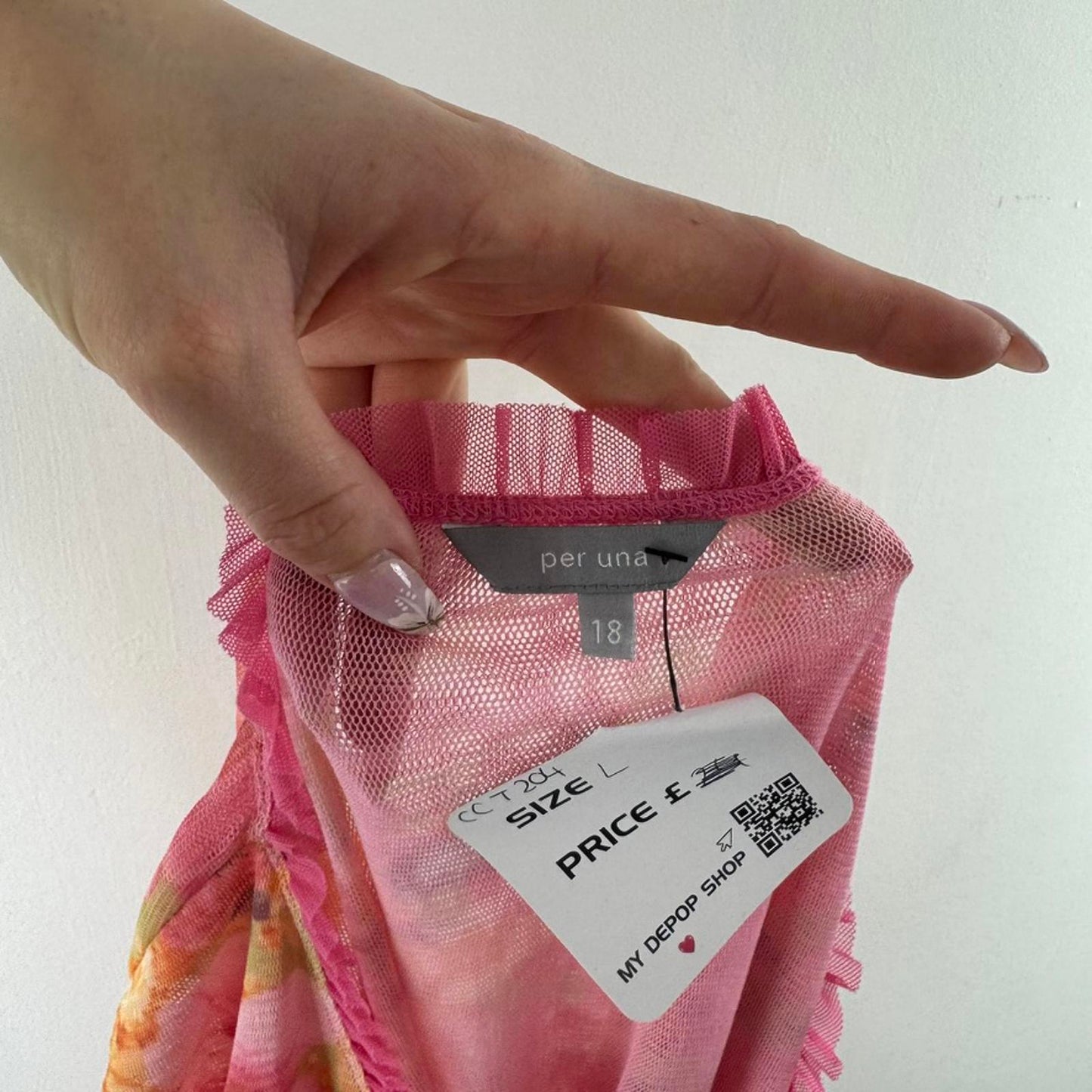 Y2K vintage floral double mesh overlay 3/4 sleeve top v neck frill pink orange