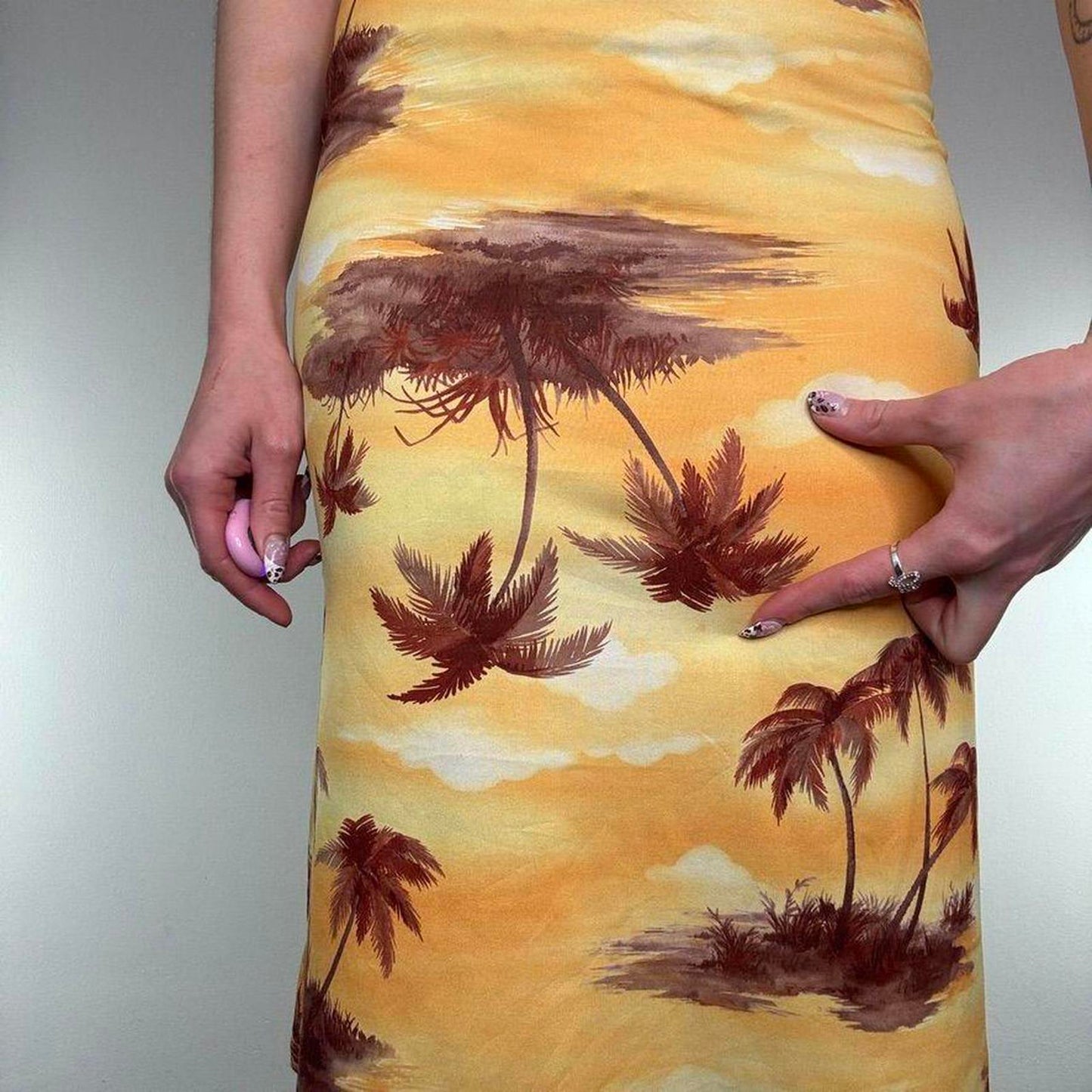 Y2K vintage stretchy summer sunset palm tree halter neck midi dress beach