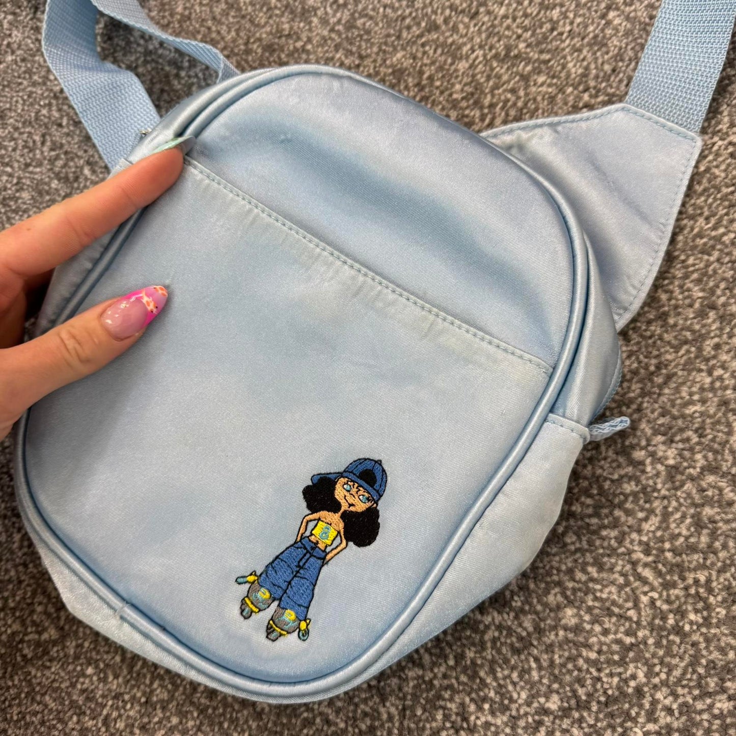 90s Y2K vintage satin cargo embroidered side crossbody bag baby blue small