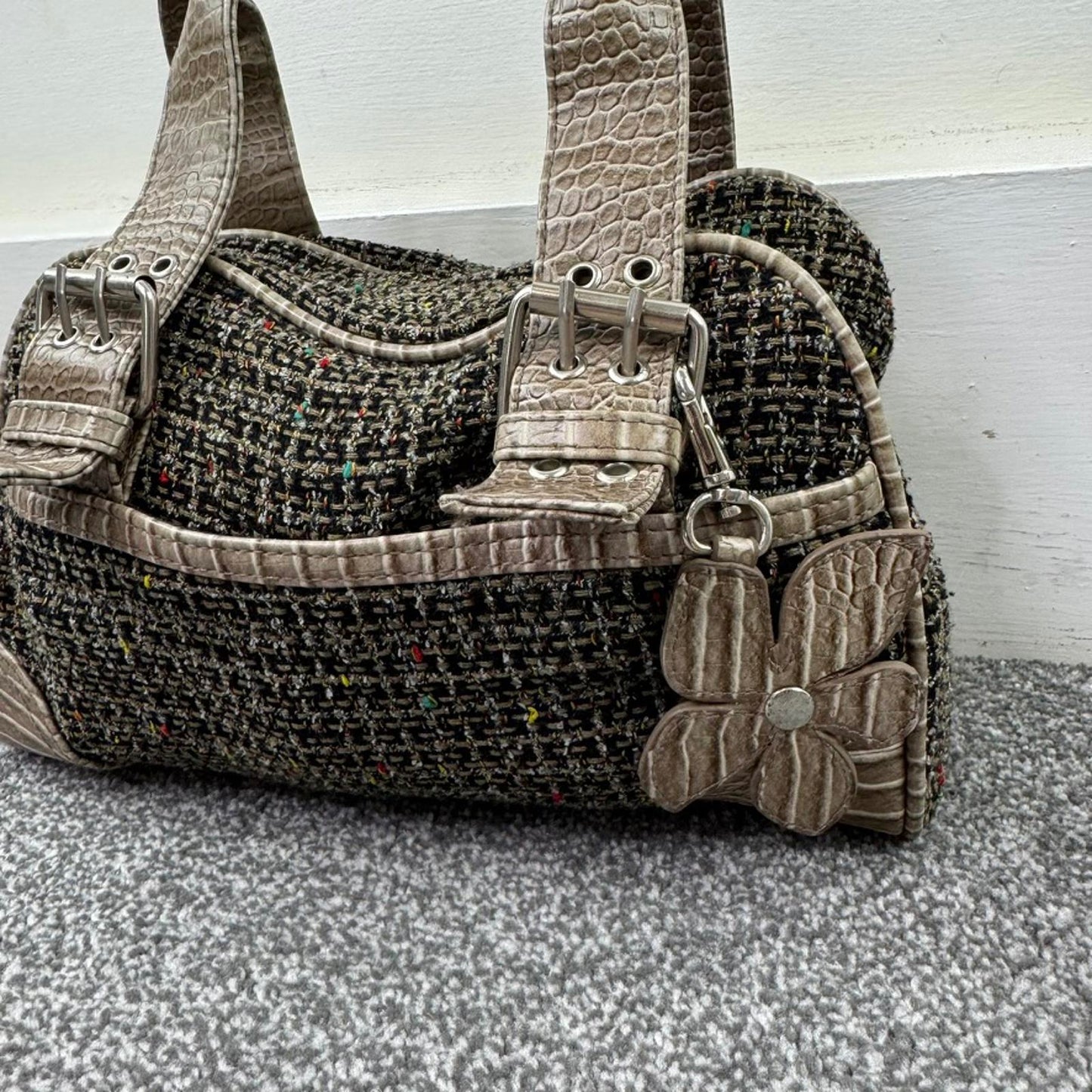 Y2K vintage tweed mini barrel handbag with flower charm grommet buckles croc
