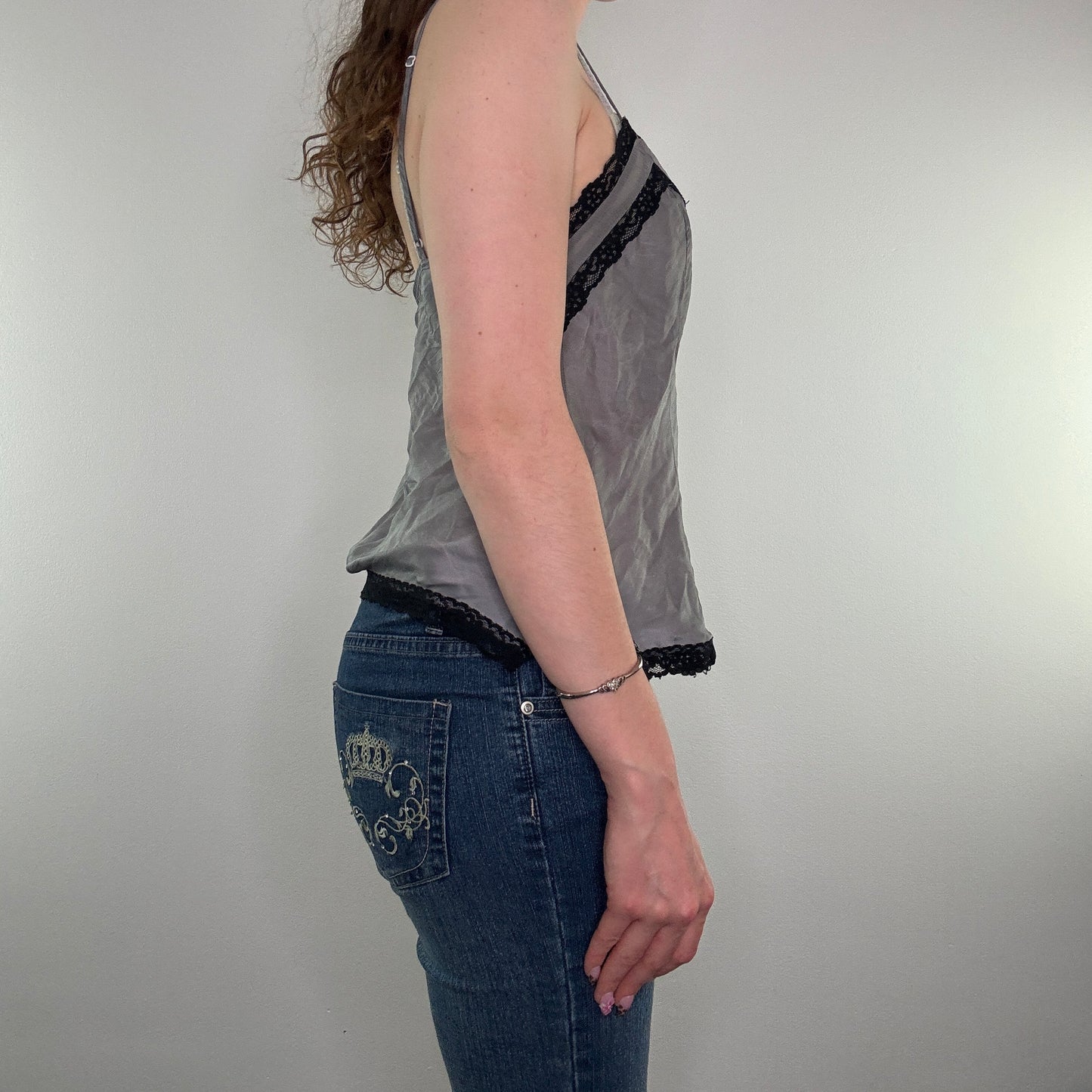 Y2K vintage silk rose lace trim cami top