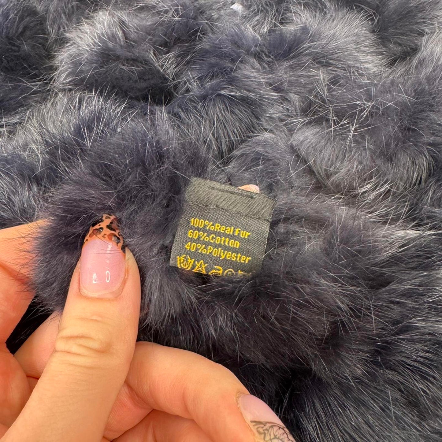 Y2K vintage genuine real fur scarf pom poms navy