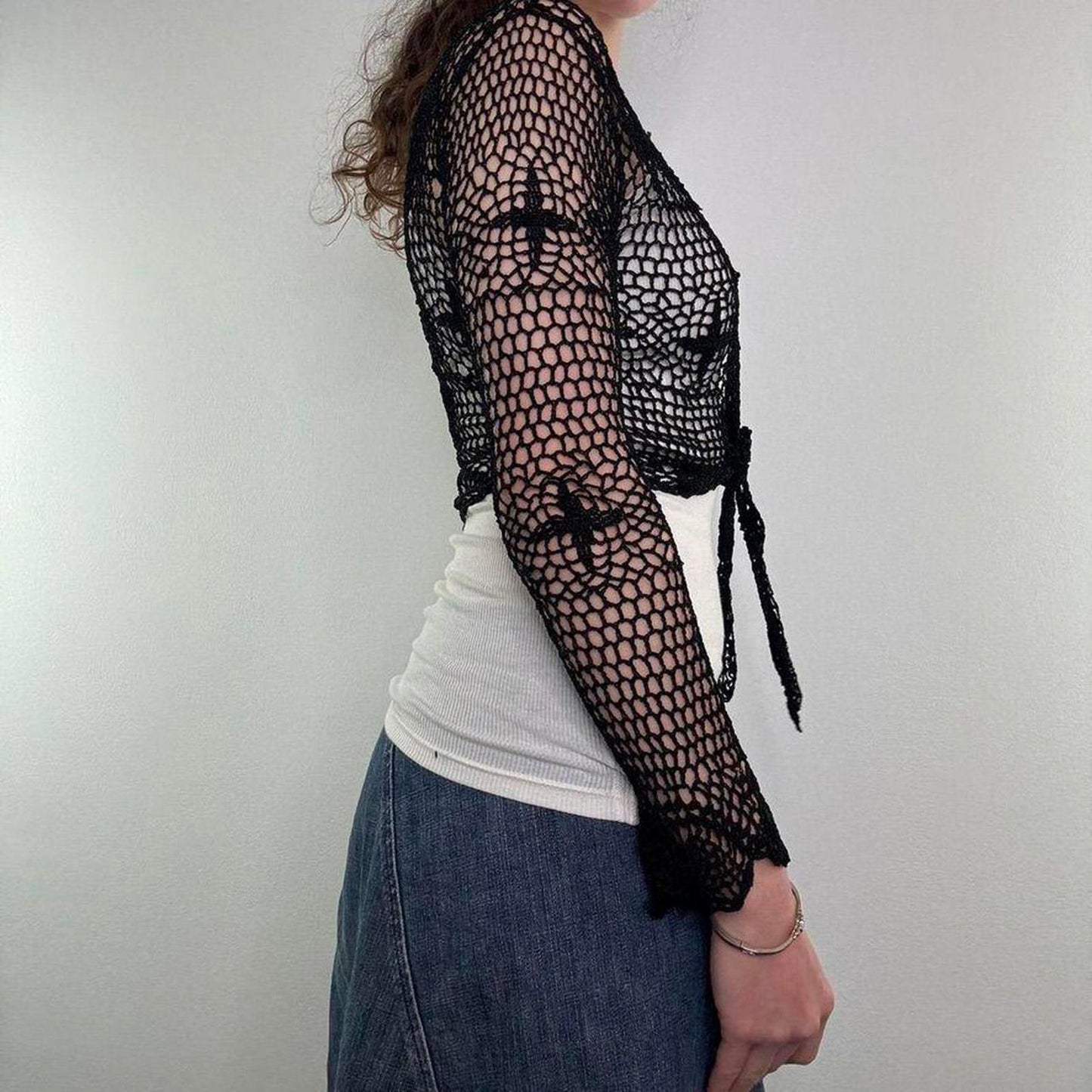 Y2K vintage crochet cross long sleeve cardigan goth alt cropped tie front bow