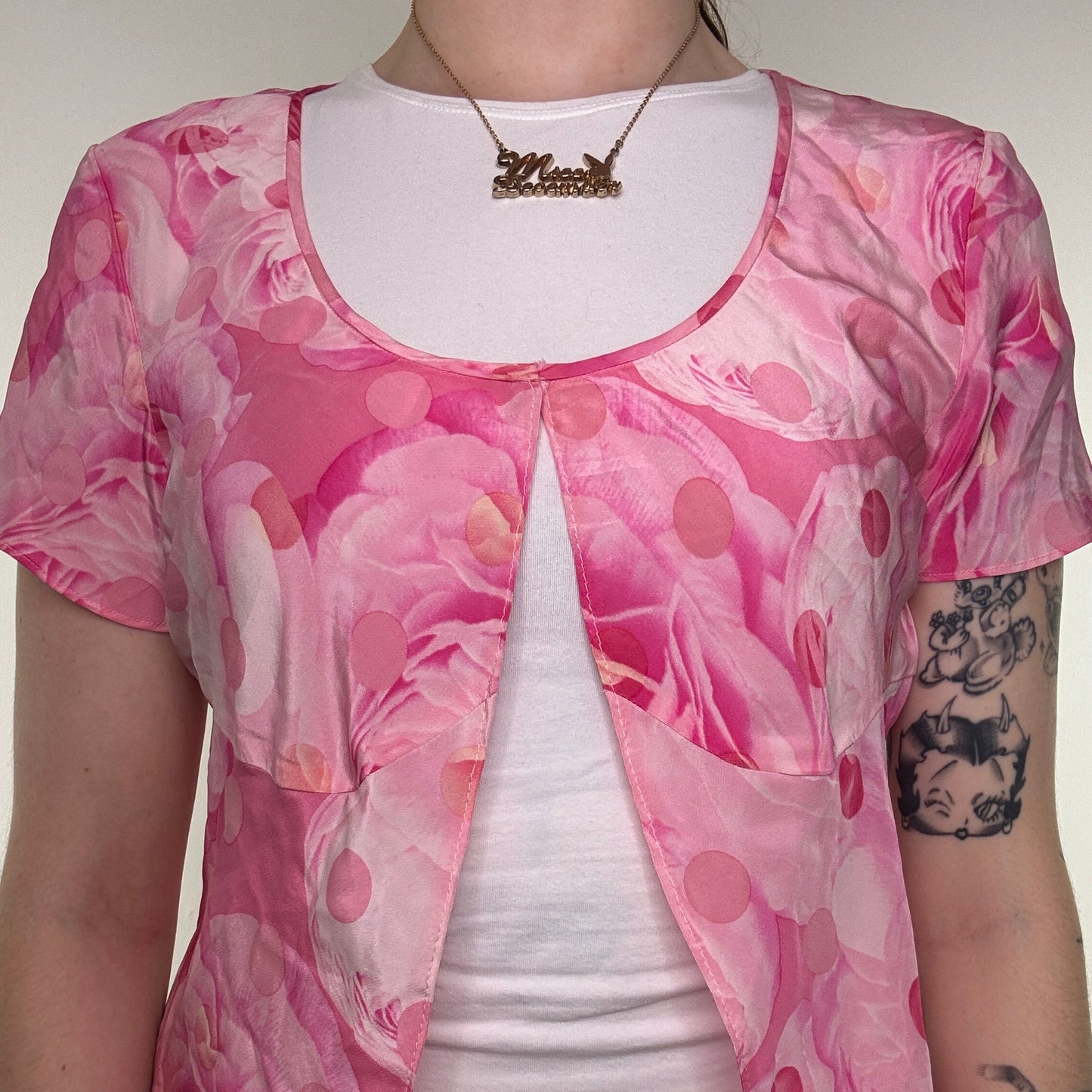 Y2K vintage silk top spotty floral rose open front scoop front cover up floaty