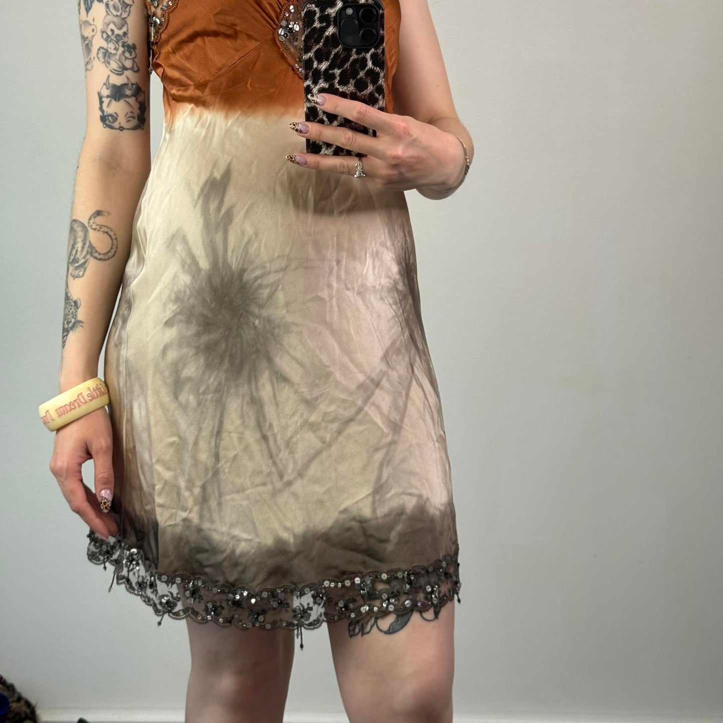 Y2K vintage Pinko 100% silk ombre sequin beaded embellished mini dress lace trim