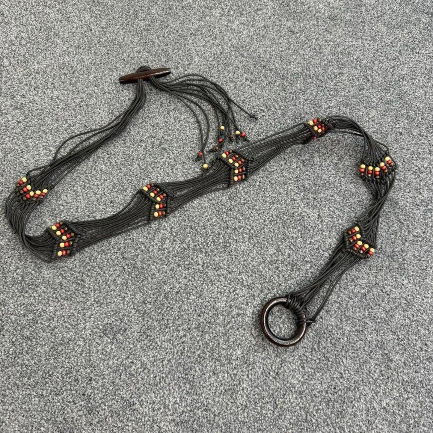 Y2K vintage O ring beaded wooden belt braided woven