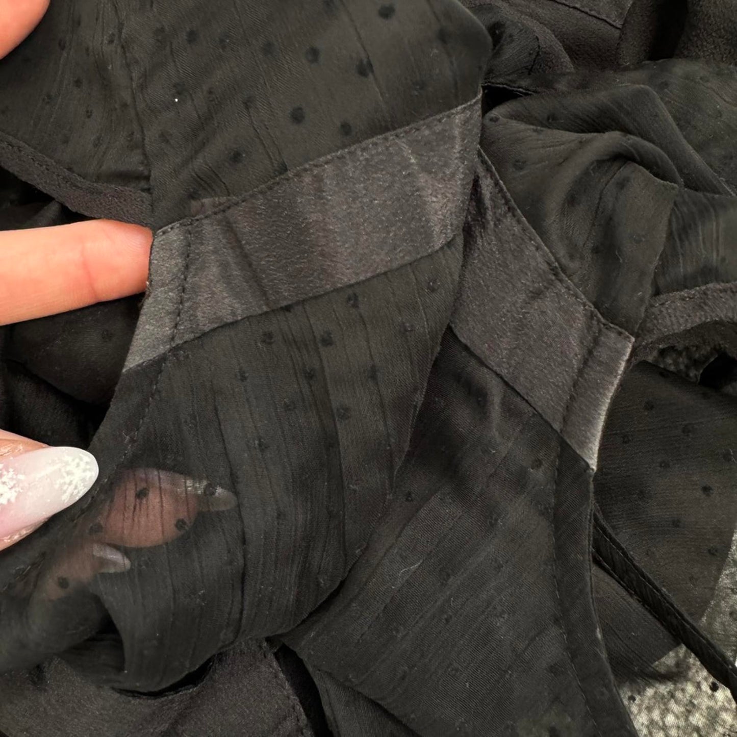 Vintage Karen Millen silk sheer short sleeve button up blouse polka dot puff cap