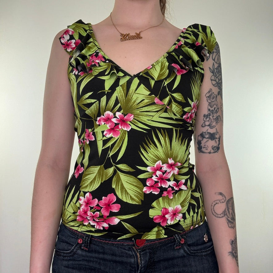 Y2K vintage floral palm tree frill tank top