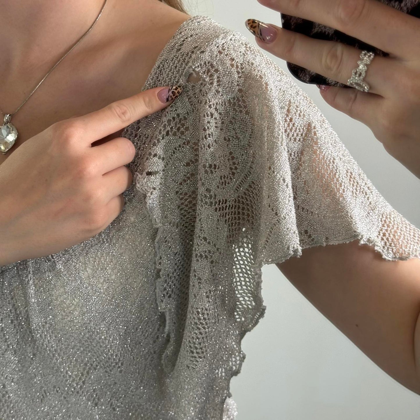 Y2K vintage sparkly knit top flare sleeve sheer low round neck silver frilly