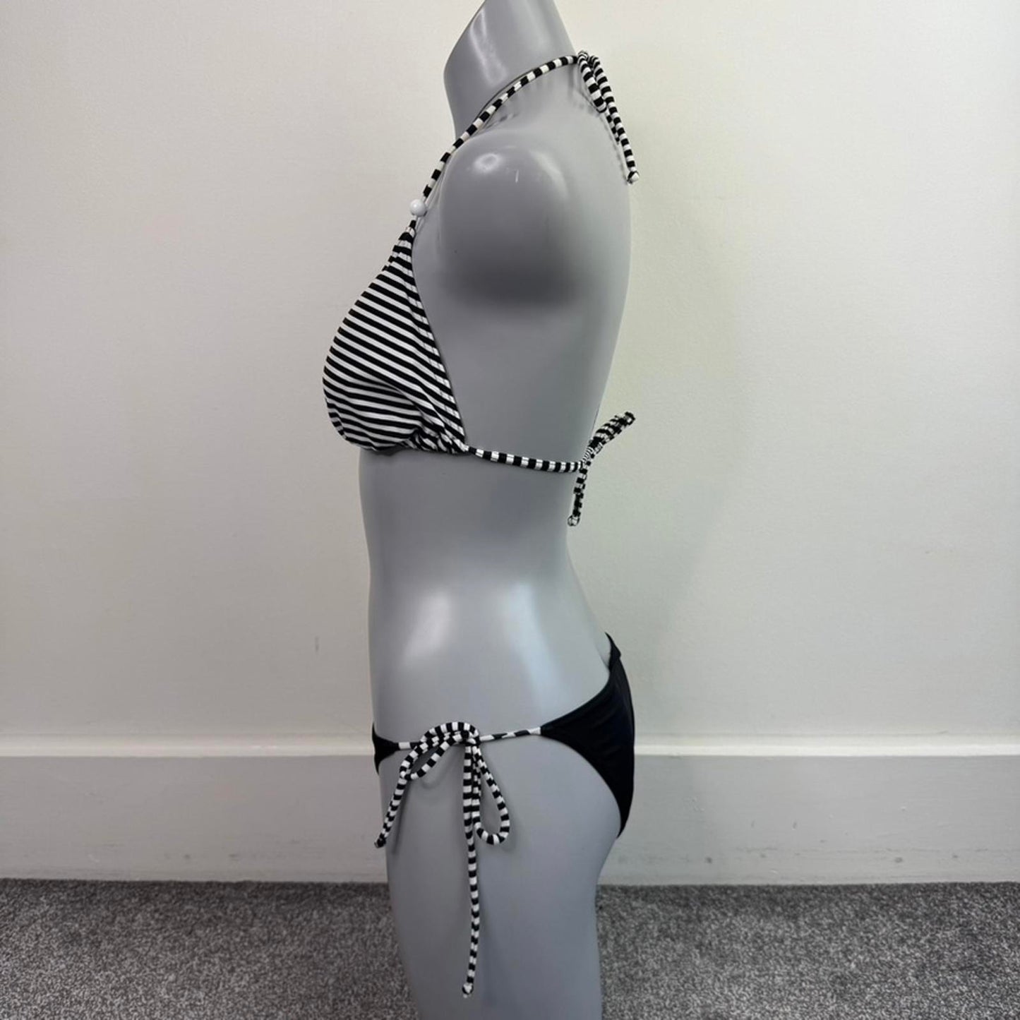 Y2K vintage halter neck stripe matching bikini set monochrome black/ white