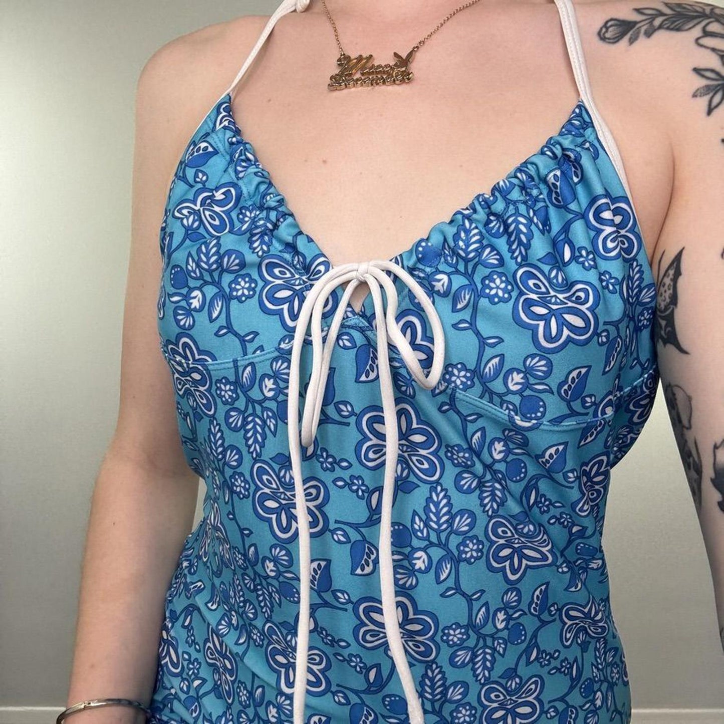 Y2K vintage swim cover up dress halter neck floral pattern midi bow a line