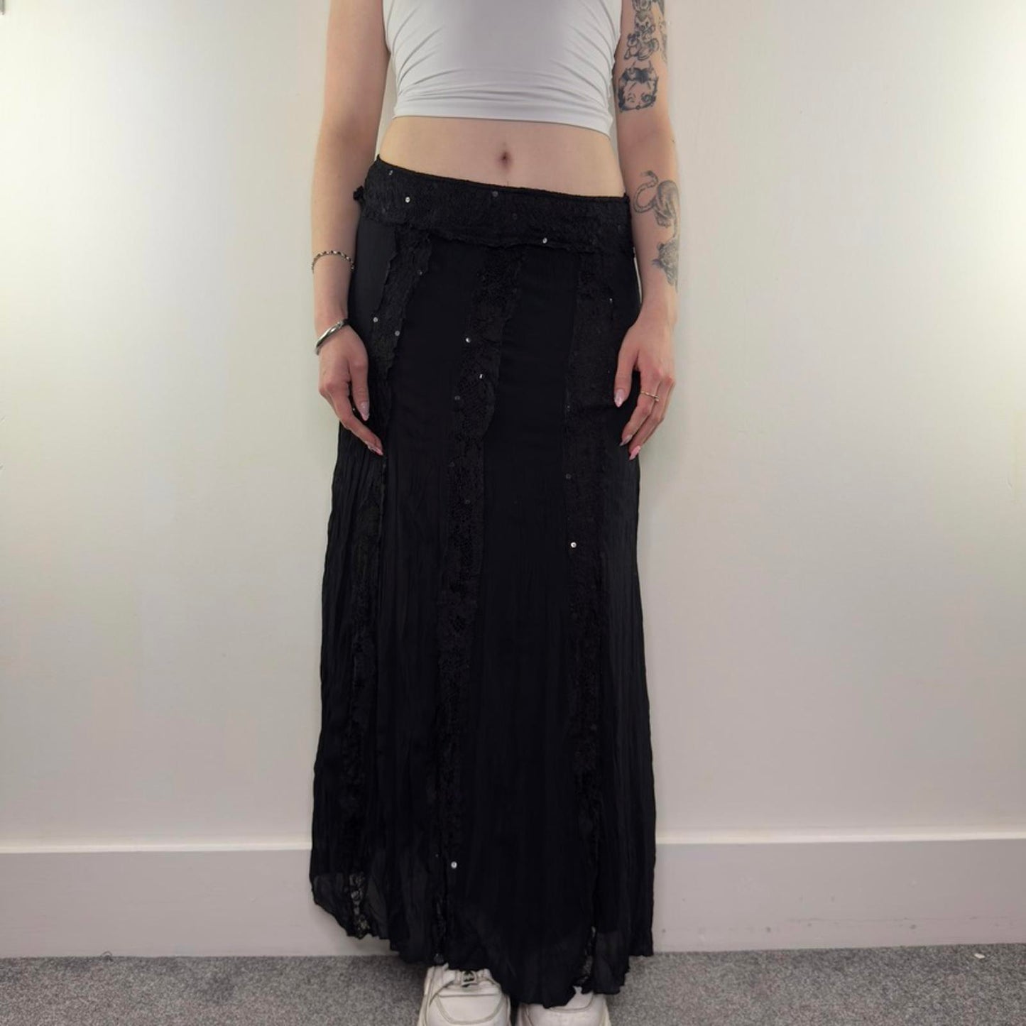 Y2K vintage lace stripe sequin trim maxi skirt double layer lightweight boho