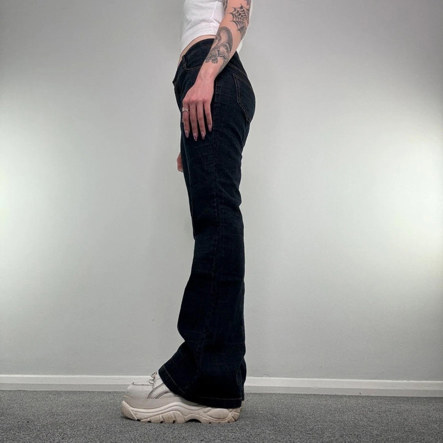 Y2K mid rise dark denim bootcut jeans chequered grid square print flare leg