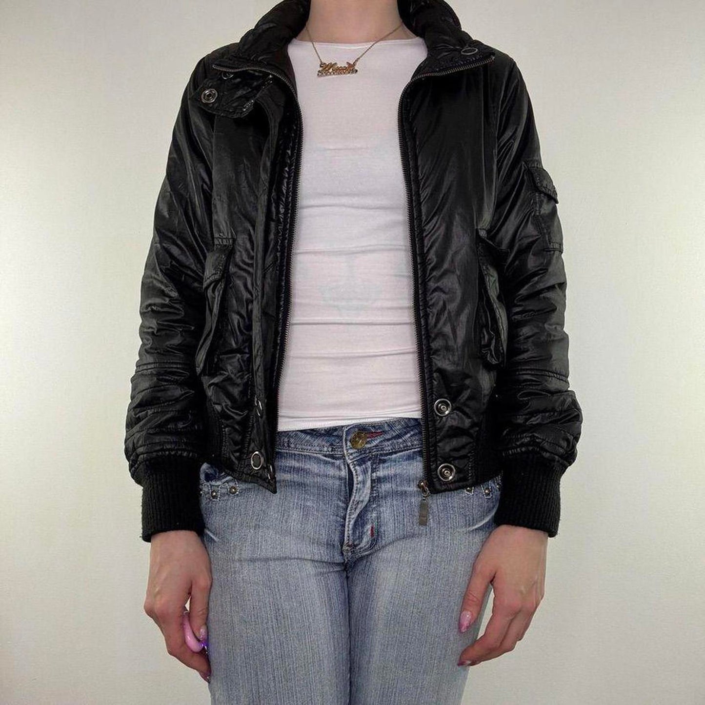 Y2K vintage zip up short puffer jacket popper buttons shiny elastic waistband