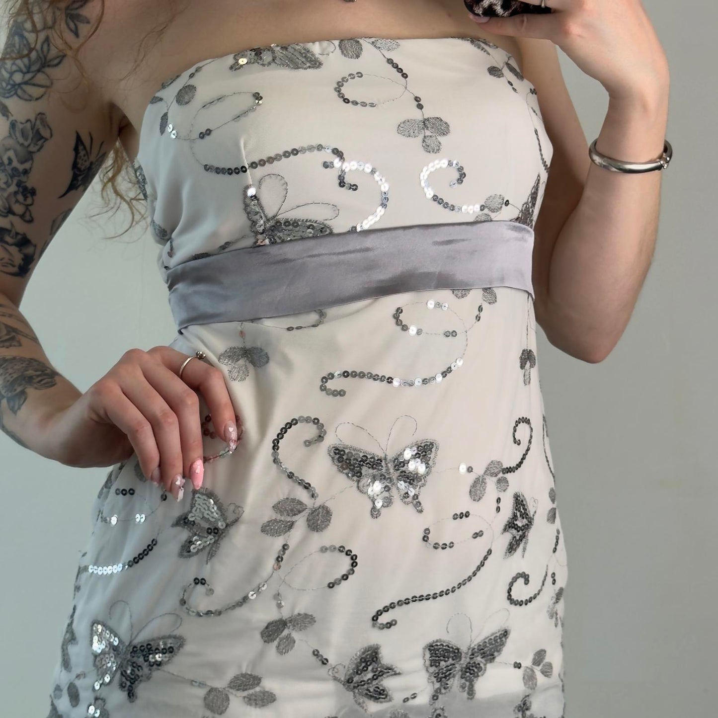 Y2K vintage strapless sequin butterfly mesh bow top festival summer party