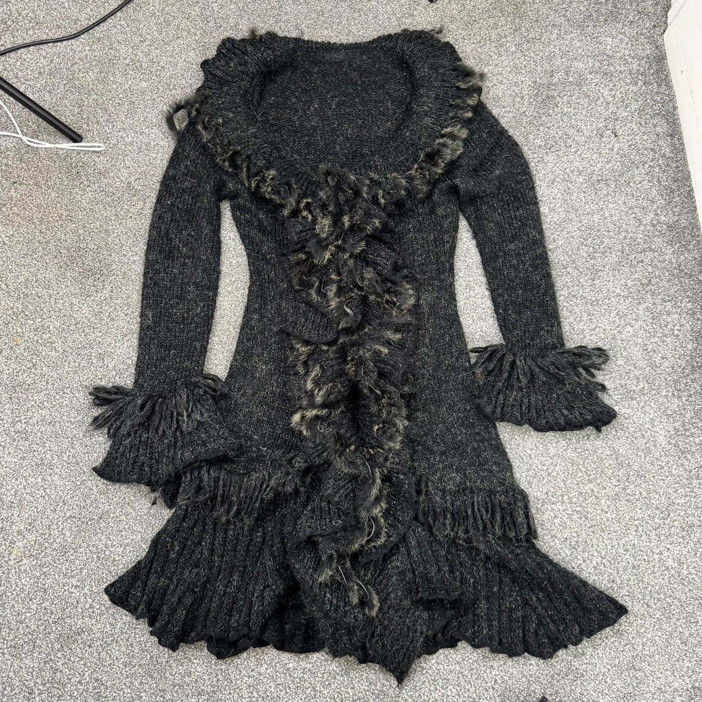 Y2K vintage wool mohair blend cardigan genuine fur ruffle trim long length