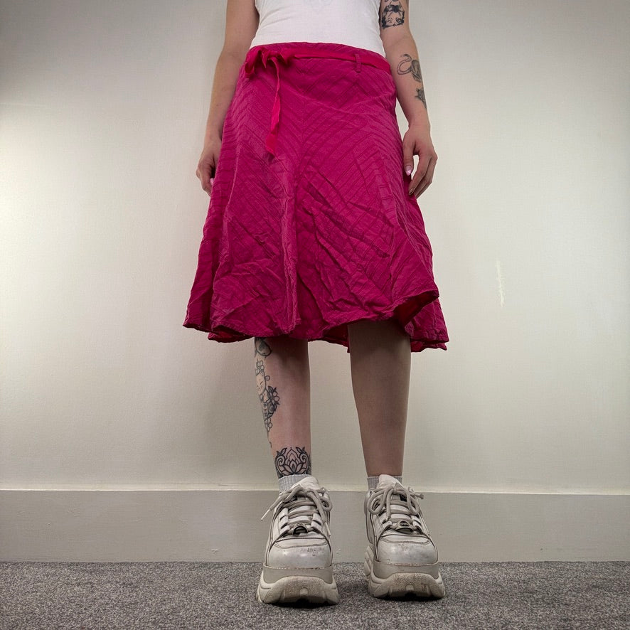 Y2K vintage pink midi skirt with belt stripe floaty