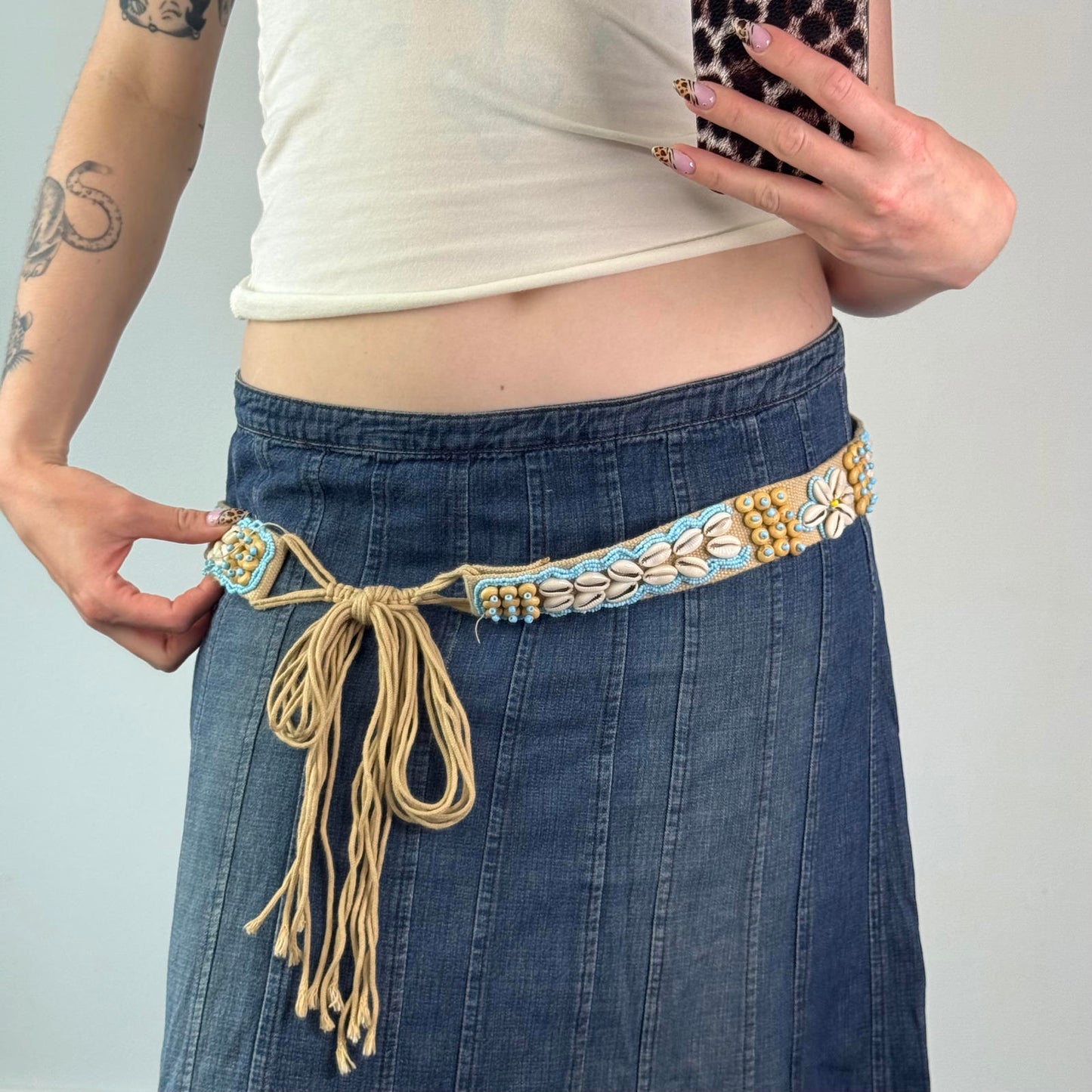 Y2K vintage seashell beaded canvas belt adjustable blue beige bow beach