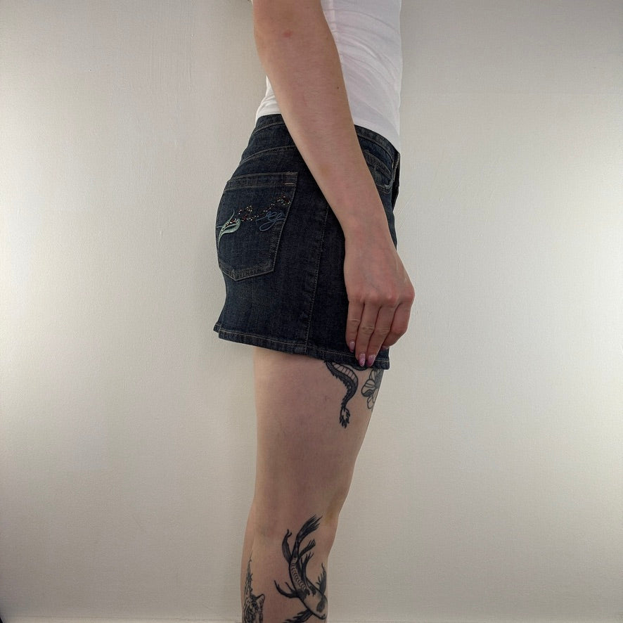 Y2K vintage denim mini skirt dark wash faded rhinestone mid rise