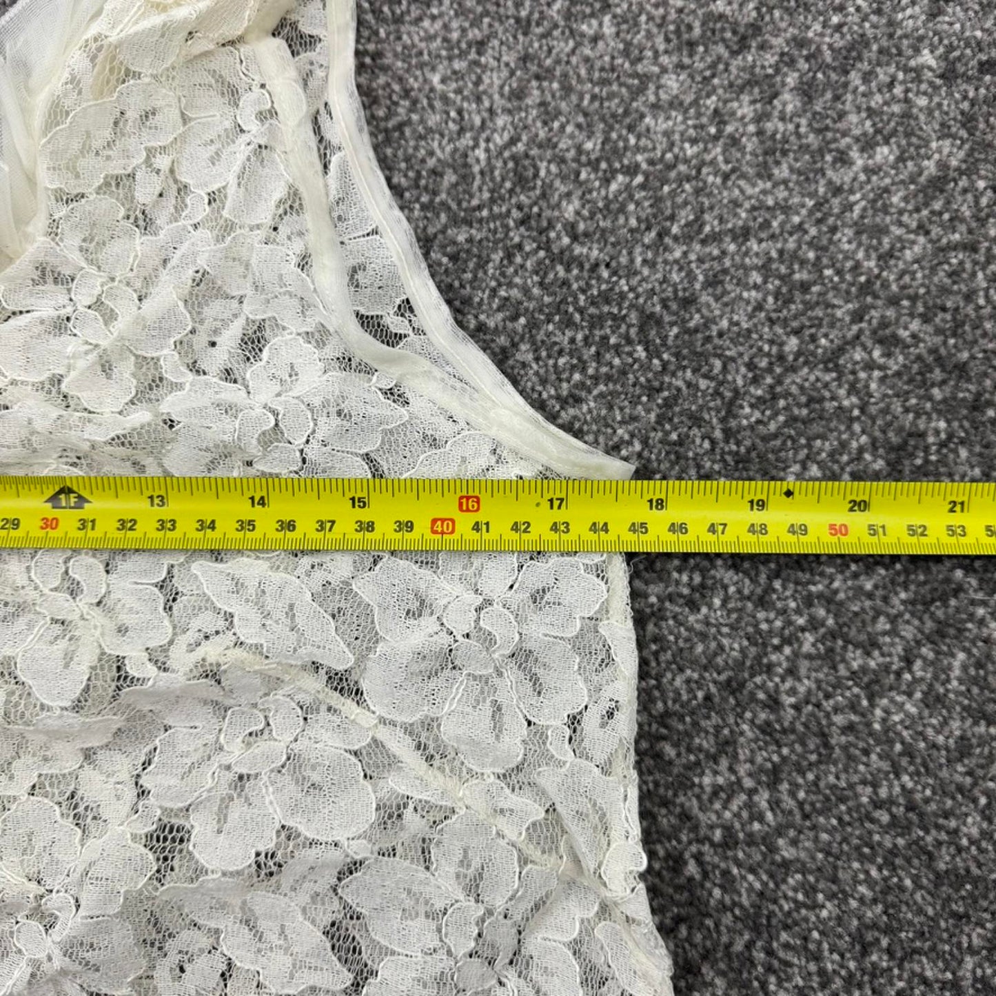 True vintage lace sheer long blouse sleeveless ruffle hem floral white coquette