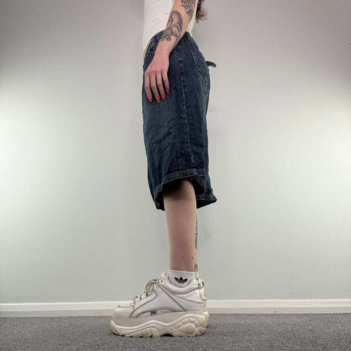 Y2K vintage cargo midi skirt a line buckle dark blue wash utility knee length