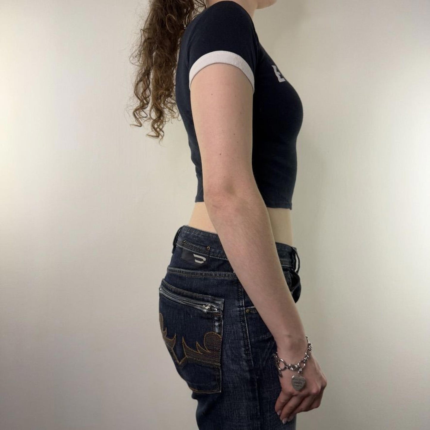 Y2K vintage England crop top football flag number 7 ringer navy white baby tee