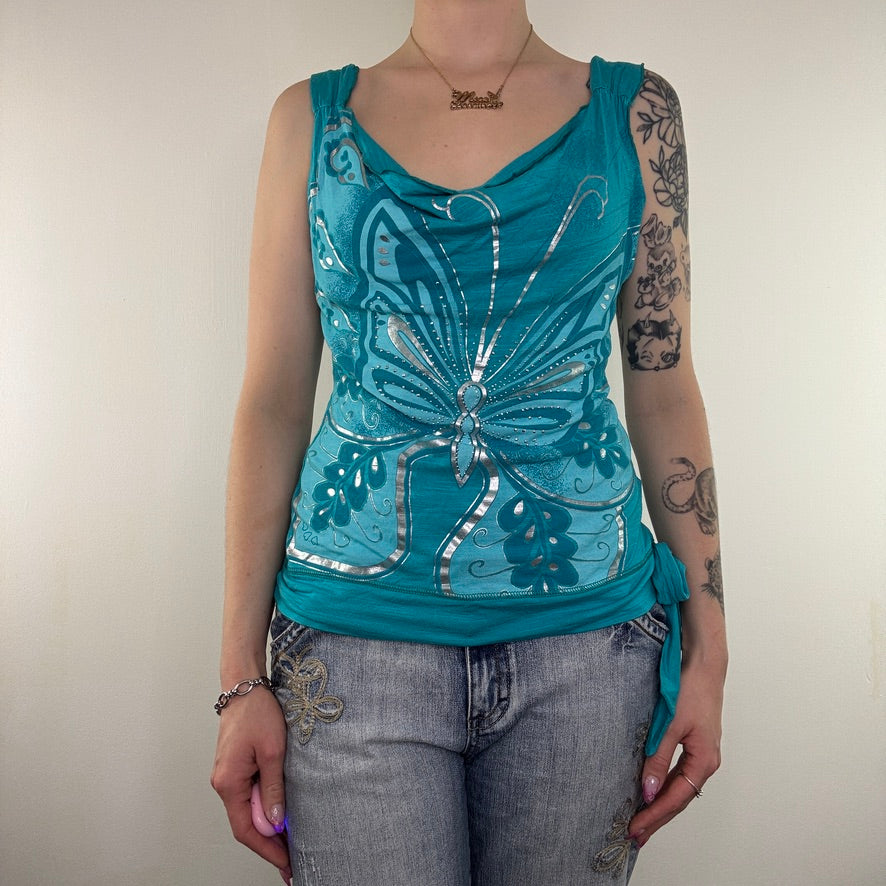 Y2K vintage Jane Norman top butterfly cowl neck bow tie side low scoop back studded tank