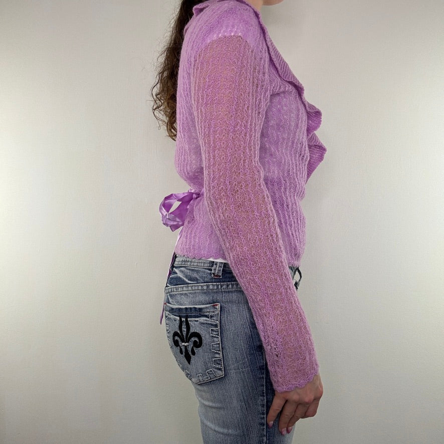 Y2K vintage crochet knit wrap around cardigan v neck long sleeve frill romantic