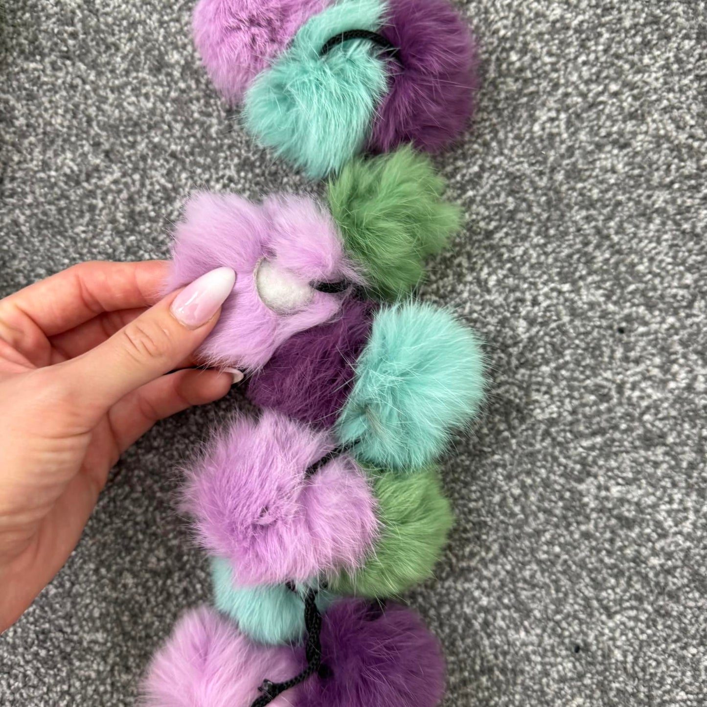 Genuine fur pom pom scarf medium length size purple green blue lilac multi