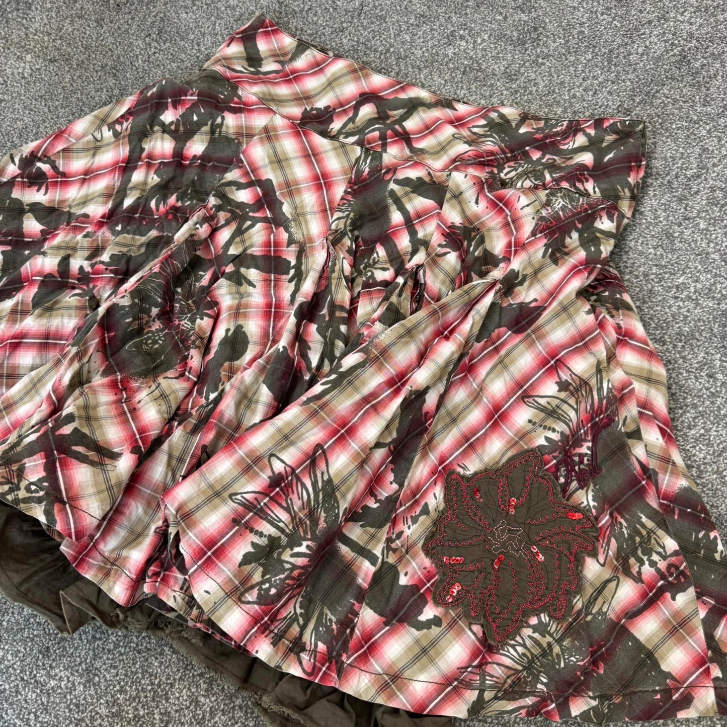 Y2K vintage O'Neill tartan floral midi skirt sequin brown red white a line XL