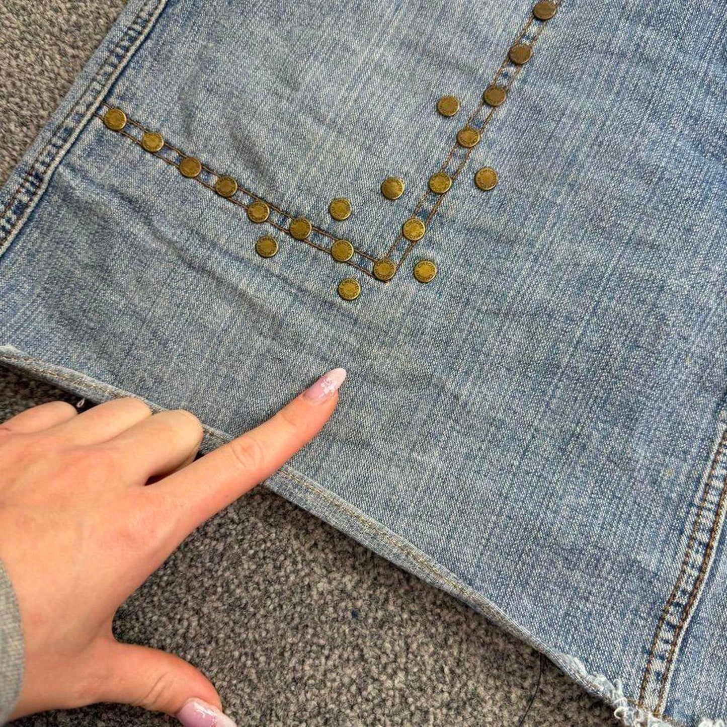 Y2K vintage low rise studded skull denim mini skirt patch usa military mcbling