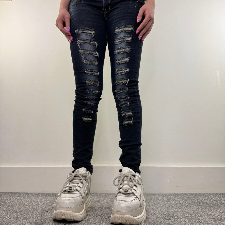 Y2K vintage low rise denim skinny jeans rhinestones distressed