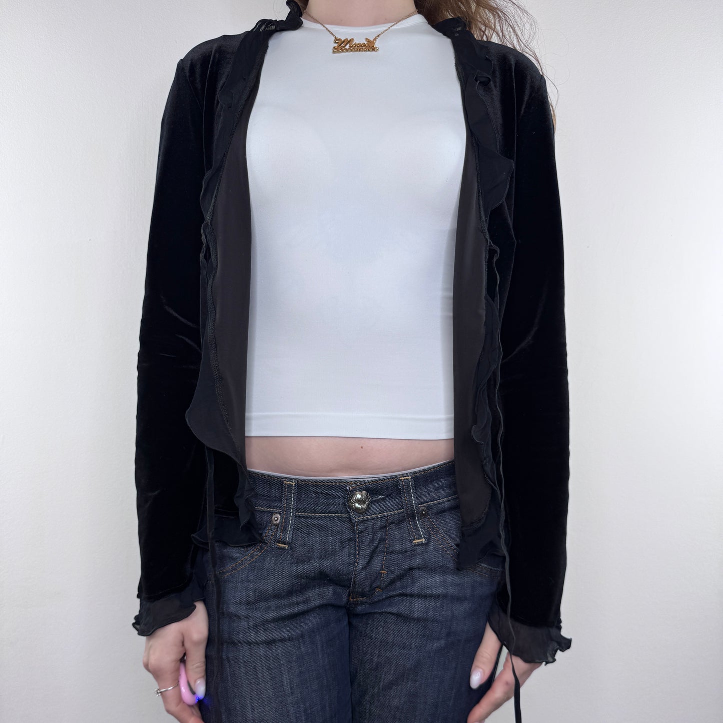 Y2K vintage velvet frilly long sleeve cardigan