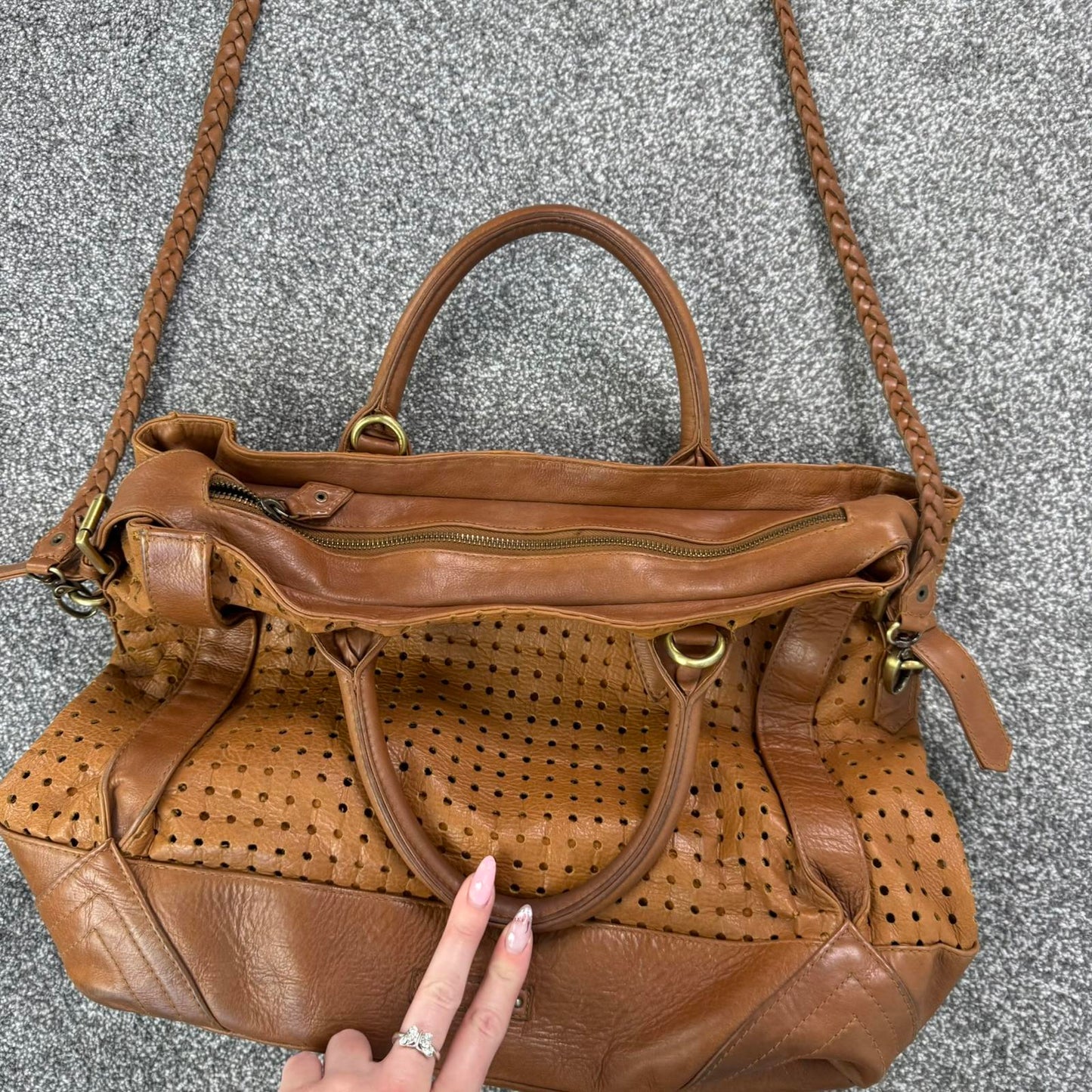 Oversized genuine perforated leather handbag braided strap large buckles boho