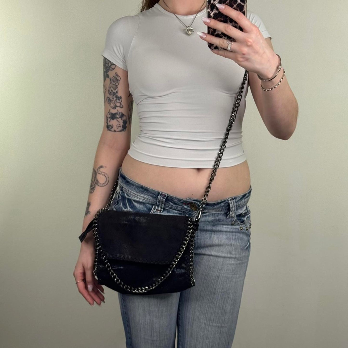 Y2K vintage chain crossbody bag faux suede black small size